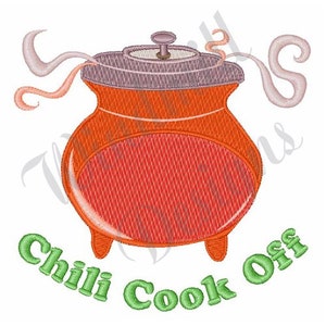 Könnte beinhalten: Ein roter Topf mit einem silbernen Deckel und Dampf, der aus dem Ausguss kommt. Der Text "Chili Cook Off" ist in Grün unter dem Topf geschrieben.