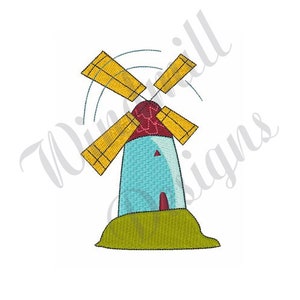 Puede incluir: Un molino de viento azul y rojo con aspas amarillas, de pie sobre una colina verde cubierta de hierba. El molino de viento es un diseño de dibujos animados simple, perfecto para una habitación infantil o una guardería.