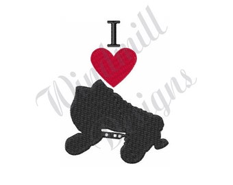 Könnte beinhalten: Schwarze und weiße Silhouette eines Rollschuhs mit einem roten Herzen darüber und dem Text "I" vor dem Herzen. Der Text "love" ist impliziert.