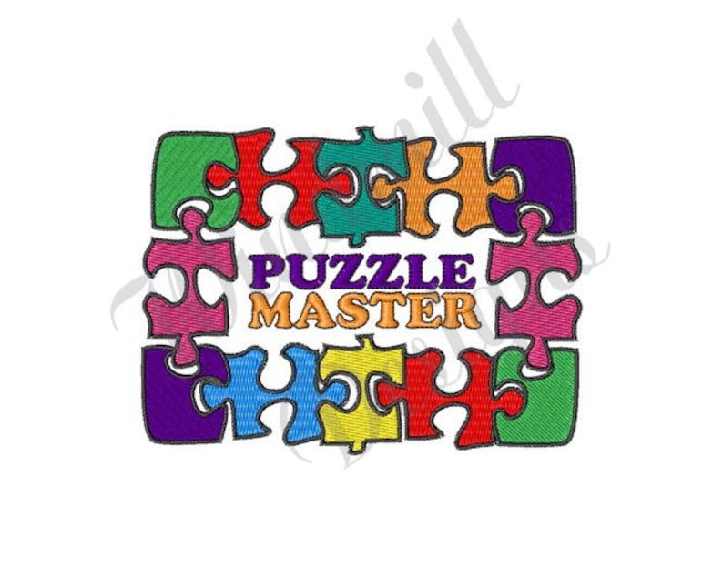 May include: A colorful puzzle piece design with the text "PUZZLE MASTER" in the center. The puzzle pieces are in shades of green, blue, yellow, orange, red, and purple.