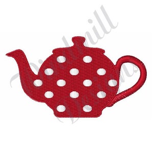 May include: Red teapot with white polka dots.