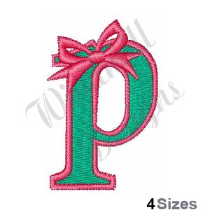 May include: An embroidered letter "P" in teal with a pink border and a pink bow at the top. The text "4 Sizes" is at the bottom of the image.