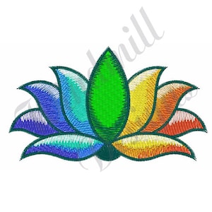 May include: A colorful embroidered lotus flower with petals in shades of blue, green, yellow, and orange.