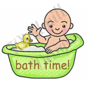 May include: A green bath with a baby inside and a yellow rubber duck. The text "bath time!" is written on the front of the bath.