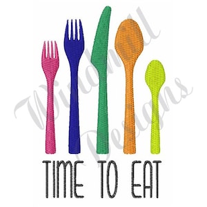 May include: A colorful set of cutlery with a pink, blue, green, orange, and yellow color scheme. The cutlery includes a knife, fork, and spoon. The text "TIME TO EAT" is below the cutlery.