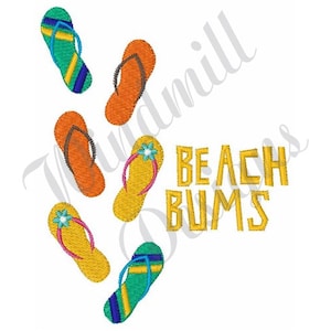 Puede incluir: Un diseño de bordado con cinco chanclas de colores y el texto "Beach Bums" en amarillo.