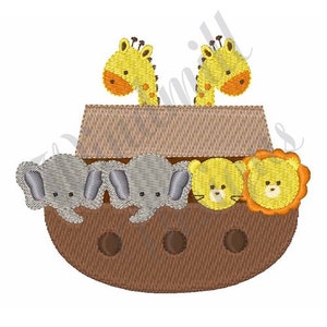 May include: Embroidered design of a brown ark with two yellow giraffes on top and two gray elephants and a yellow lion peeking out of the ark.