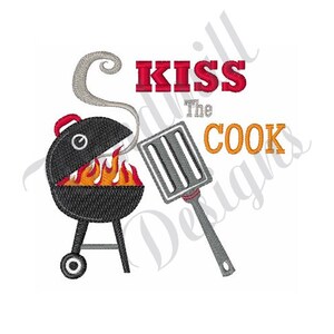 May include: A red and white embroidery design with the text "Kiss the Cook" and an image of a grill with flames and a spatula.