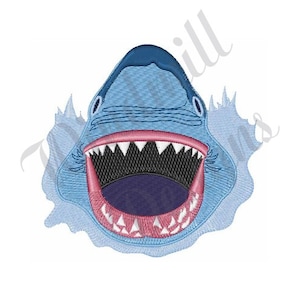 May include: A blue shark with an open mouth and sharp teeth. The shark is surrounded by a white, foamy background.