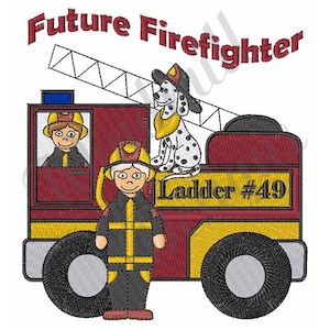 Può includere: Un camion dei pompieri rosso con una scala gialla, un pompiere in uniforme nero e giallo e un dalmata con un cappello rosso. Il camion ha la scritta "Ladder #49" sul lato. Il testo "Future Firefighter" è sopra il camion.