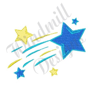 Op de afbeelding: Een blauwe vallende ster met gele sterren en blauwe strepen. Dit is een borduurpatroon.