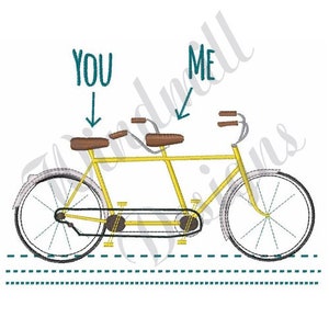 May include: A yellow tandem bicycle with brown seats and handlebars. The words "YOU" and "ME" are written above the seats with arrows pointing to them.
