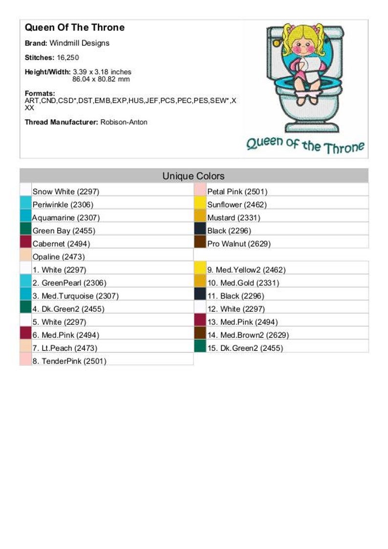 K&ouml;nnte beinhalten: Maschinenstickerei-Design eines M&auml;dchens, das auf einer Toilette sitzt, mit dem Titel "Queen of the Throne". Das Design umfasst 15 einzigartige Farben, darunter Schneewei&szlig;, Periwinkle, Aquamarin, Gr&uuml;nbucht und Bl&uuml;tenrosa. Das Design ist 8,61 cm breit und 8,08 cm hoch.