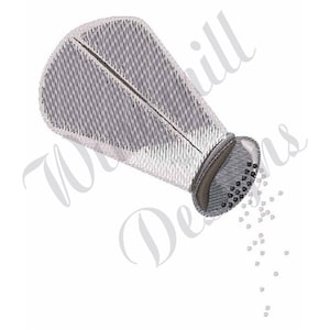 May include: A white salt shaker with a silver top is pouring salt out of the holes in the top. The salt is falling in a stream of small white dots.