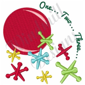 May include: Red, yellow, green, and blue jacks scattered around a red bouncy ball with the text "One... Two... Three..." in green.