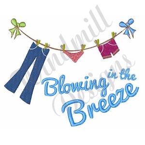 Puede incluir: Prendas de vestir azules, rosas y rojas colgadas de un tendedero con un lazo azul en un extremo y un lazo verde en el otro. El texto "Blowing in the Breeze" está escrito en cursiva azul.