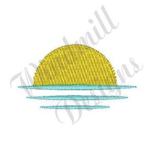 May include: A yellow sun setting over a blue ocean. The sun is a half circle and the ocean is represented by three horizontal lines.