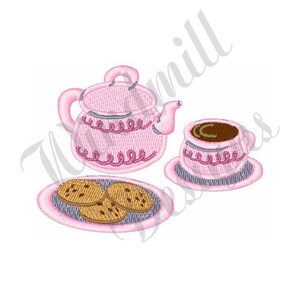 May include: A pink teapot, a pink teacup with brown tea, and a pink plate with three chocolate chip cookies.