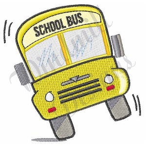 May include: A yellow school bus with the words "SCHOOL BUS" on the front. The bus is cartoon-like and has a smiling face.
