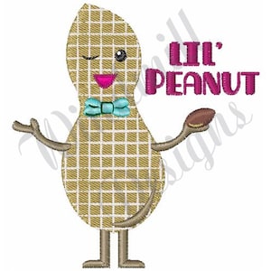 May include: A cartoon peanut with a winking eye, a blue bow tie, and brown arms and legs. The peanut is holding a smaller peanut in its right hand. The text "Lil' Peanut" is written in pink letters above the peanut.