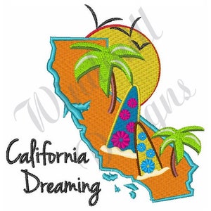 May include: Embroidered design featuring the outline of California in orange, with a blue coastline. Includes palm trees, a surfboard, a yellow sun, and the text "California Dreaming" in black.