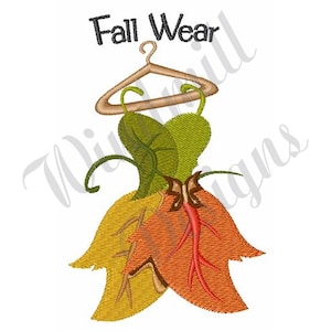 May include: Fall Wear text with an illustration of a dress made of leaves on a hanger. The dress is green, orange, and brown.