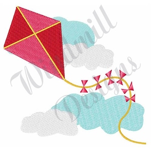 May include: A red kite with a yellow string flies in a blue sky with white clouds. The kite has a tail with red bows.