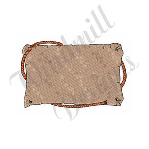 May include: A brown burlap rectangle with a rope border. The rope is orange and is tied at the top of the rectangle.
