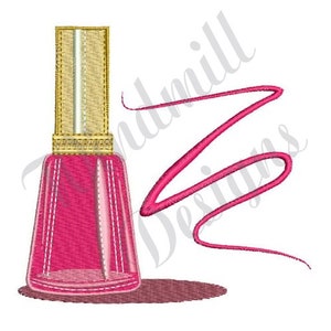 May include: A pink nail polish bottle with a gold lid and a pink swirl design.