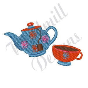 May include: A blue teapot with a floral design and a tea bag inside, and a red teacup with a floral design.