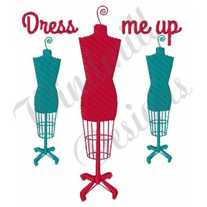 May include: Three dress forms, two in teal and one in red, with the text "Dress me up" above them.