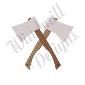 May include: Two crossed axes with brown wooden handles and white metal blades.