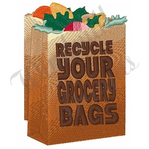 May include: Brown paper grocery bag with the text "Recycle Your Grocery Bags" printed on the front. The bag is filled with various fruits and vegetables.