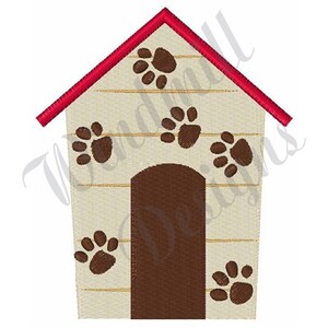 May include: A beige dog house with a red roof and brown paw prints. The dog house has a brown door.