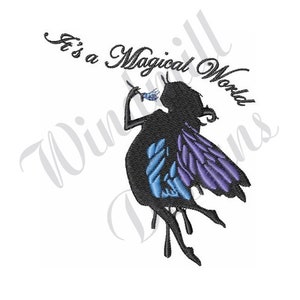 May include: A silhouette of a fairy with blue and purple wings, holding a flower. The text "It's a Magical World" is written above the fairy.