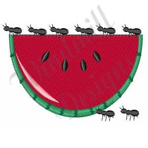May include: A watermelon slice with a red interior, black seeds, and a green rind. Black ants are marching along the top and bottom of the watermelon. The image is a digital illustration.