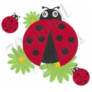 May include: Embroidered design featuring three red ladybugs with black spots and a pair of green flowers with yellow centers. The ladybugs are in various sizes and positions, creating a playful and whimsical scene.