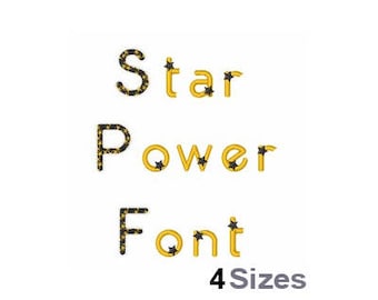May include: Star Power Font embroidery design with black stars on a yellow background. The text reads "Star Power Font" with the words "4 Sizes" below.