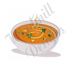 Peut inclure: Un bol blanc de soupe orange avec des herbes vertes et un tourbillon de crème sur le dessus. Le bol est sur une soucoupe blanche.