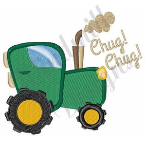 May include: A green toy tractor with black wheels and yellow centers. The tractor has a brown exhaust pipe with a tan smoke cloud above it. The text "Chug! Chug!" is written in tan above the tractor.