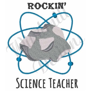 May include: A blue atom symbol with a gray rock inside. The text "ROCKIN' SCIENCE TEACHER" is below the atom.