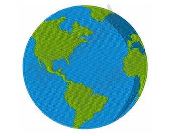 May include: An embroidered globe with a detailed map of the world, featuring blue and green colours. The globe is circular in shape and is a common symbol of the earth.