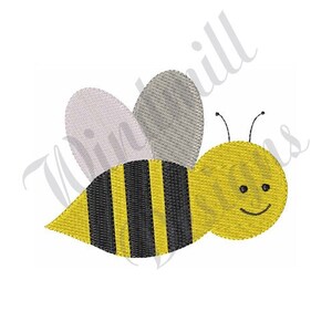 Peut inclure: Une abeille de dessin animé avec des rayures jaunes et noires, des ailes grises et un visage souriant.