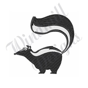 May include: Black and white cartoon illustration of a skunk with a curled tail. The skunk has large eyes and a small nose.