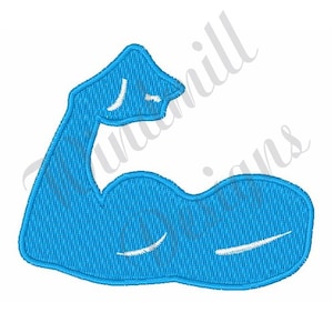 May include: A blue embroidered design of a bicep flexing, a symbol of strength and fitness.