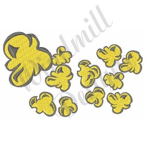 May include: A digital embroidery design featuring a cluster of yellow popcorn kernels with gray outlines. The design is perfect for creating a fun and festive embroidery project.