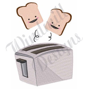 May include: A white toaster with two slices of bread popping up. The bread has happy faces drawn on them.