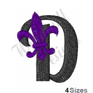 May include: Embroidered design of the letter D with a purple fleur-de-lis on the left side. The letter is black and the fleur-de-lis is purple.