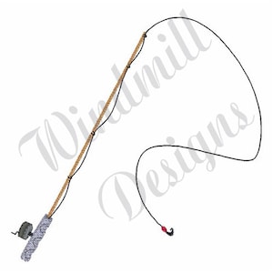 Könnte beinhalten: Eine schwarze Angelschnur mit einem roten Schwimmer und einer Angelrute aus Holz mit einer grauen Rolle.