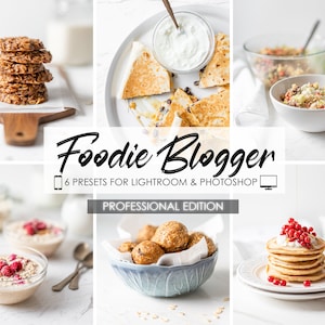 Può includere: Una collezione di sei preset Lightroom e Photoshop per food blogger, intitolata "Foodie Blogger Professional Edition". I preset sono progettati per migliorare l'aspetto delle foto di cibo, rendendole più vibranti e accattivanti.